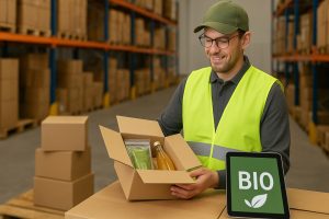 Lagerarbeiter verpackt Bio-Produkte wie Flaschen und Tüten in einem Karton in einem modernen Logistikzentrum.
