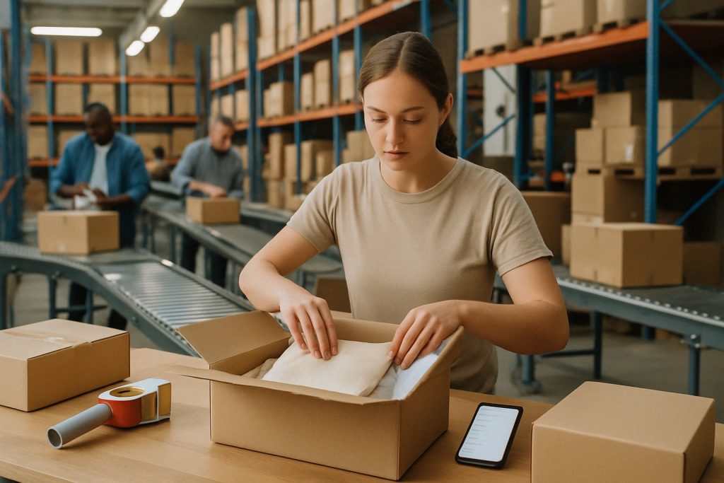 Mitarbeiterin in einem modernen Lager verpackt ein Produkt in einem Karton, im Hintergrund arbeiten weitere Personen an einer Versandstraße mit Regalen voller Pakete.