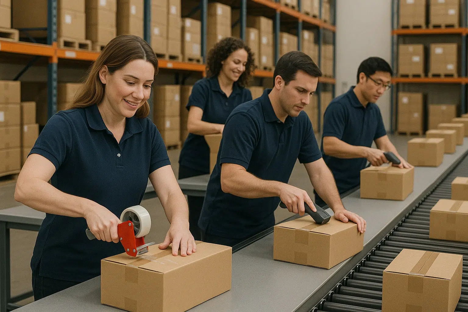 Mitarbeiter in einem modernen Lager bereiten Pakete für den Versand vor