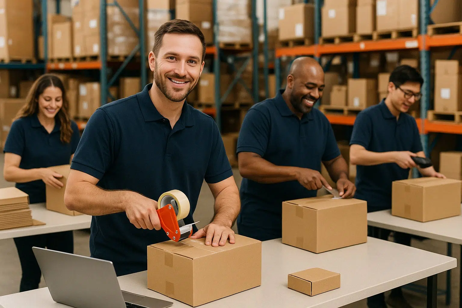 Modernes Lager mit Regalen und Versandkartons in einem Fulfillment-Zentrum