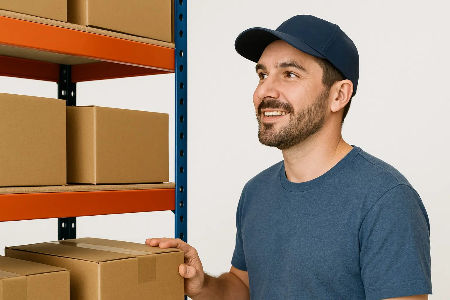 Lagerregale voller Geschenkartikel in einem Fulfillment-Lager, bereit zur Kommissionierung und Versendung.