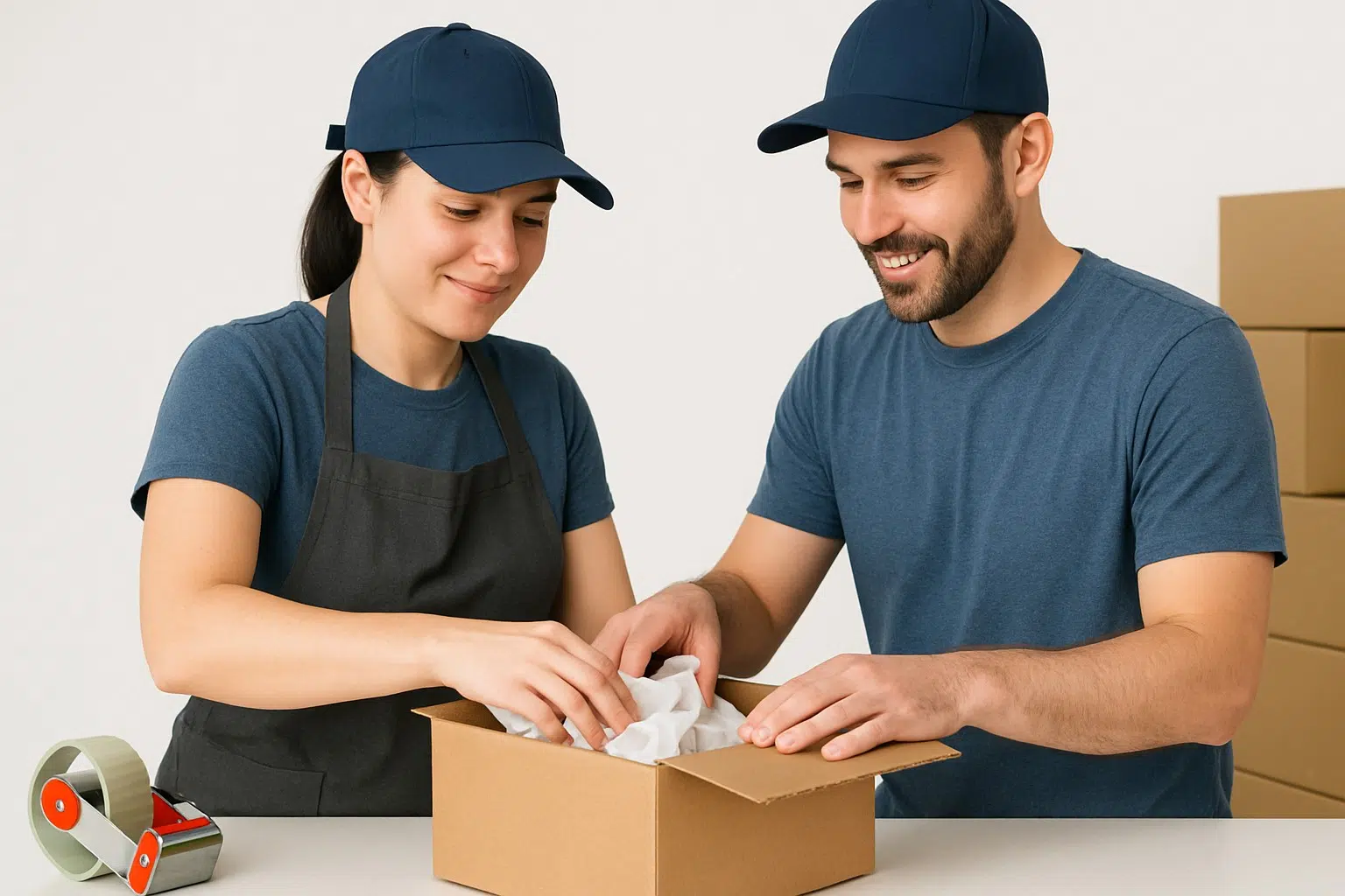 Paket mit Verpackung wird im Lager zum Versand vorbereitet; schneller Versand durch Fulfillment-Logistik